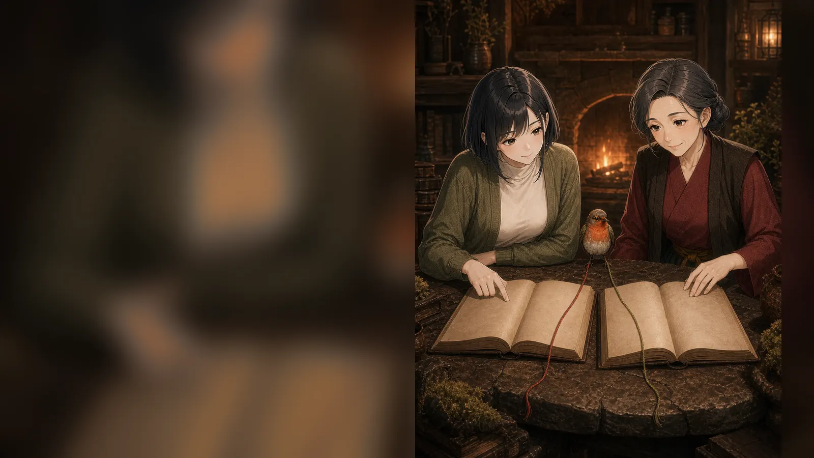 ユキとオリエが二冊を比べ、ツグミの二本の尾糸が異伝を分ける場面